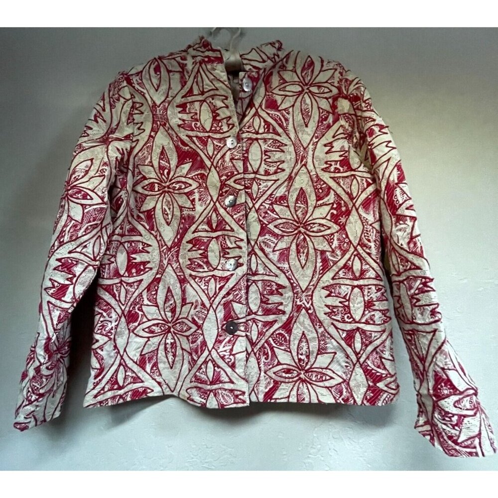 Coldwater Creek Appliqué Embroidered Mandarin Collar Blazer Jacket Size PM Red